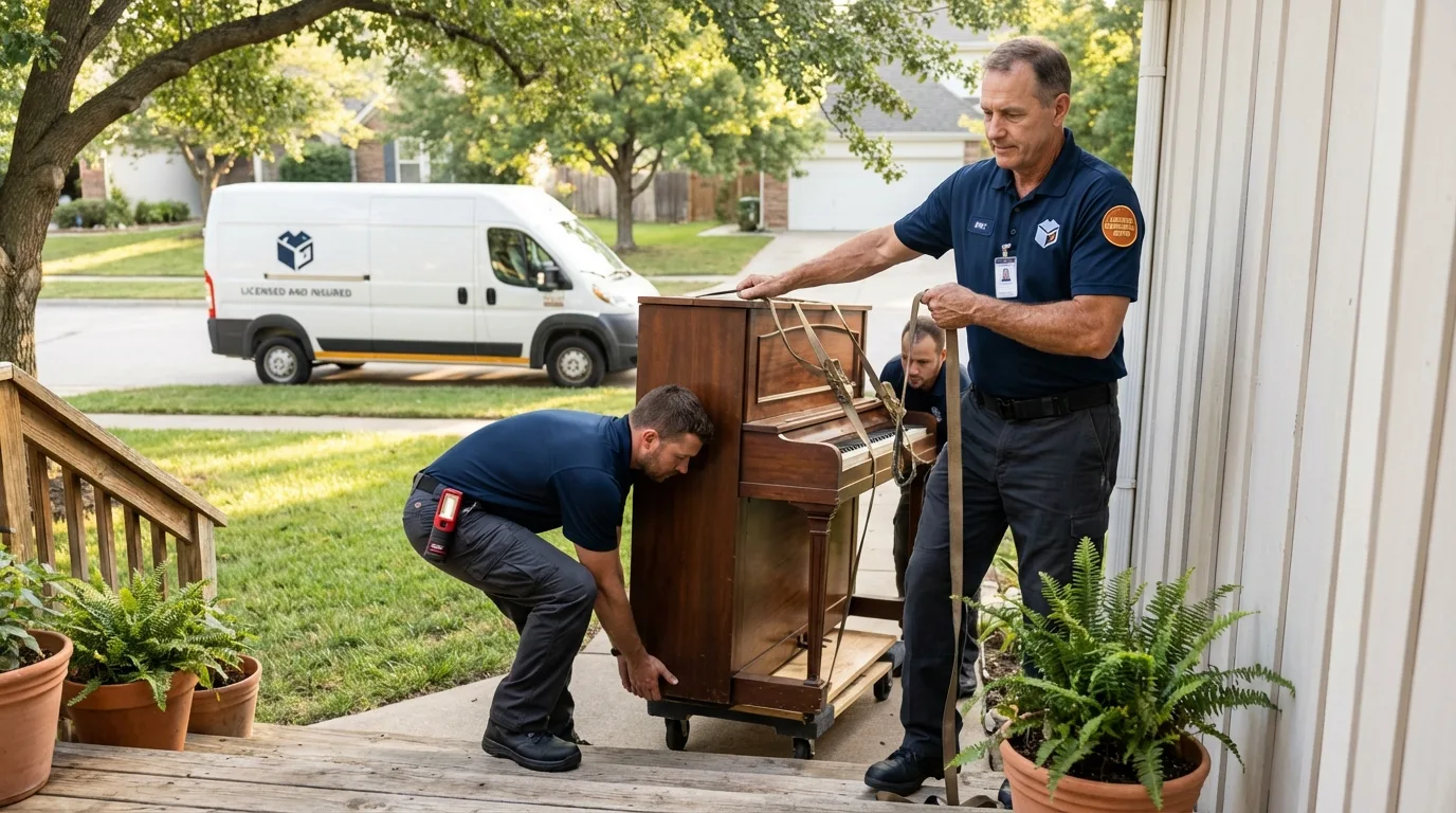 Licensed piano movers securing grand piano in Weldon, CA
