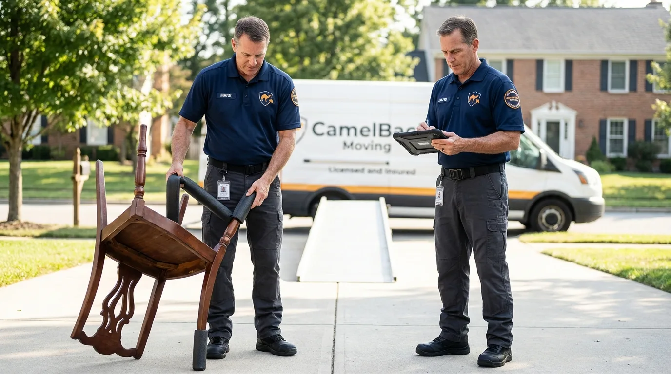 Movers inspecting furniture for damage prevention before loading in Weldon, CA