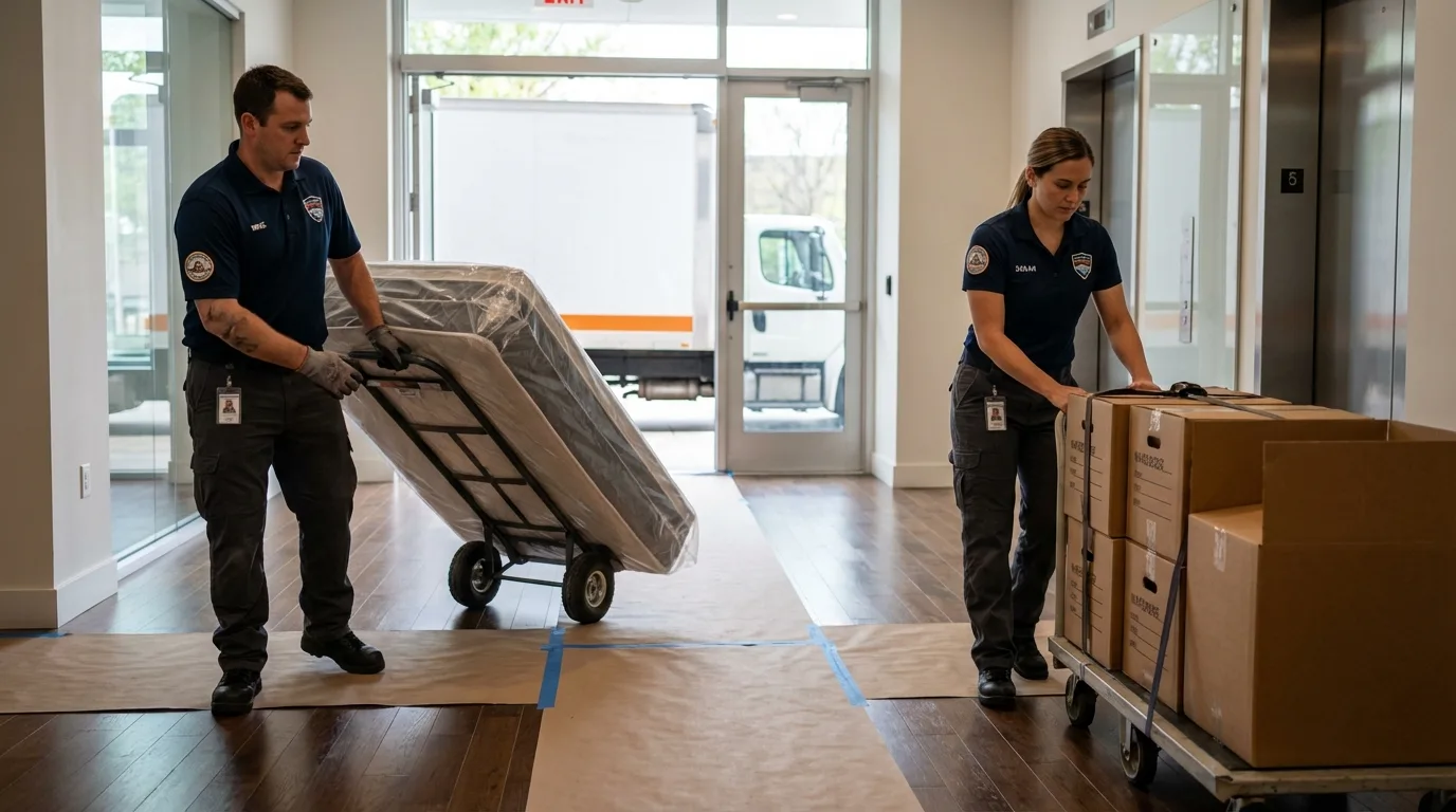 Professional apartment movers loading elevator in Weldon, CA